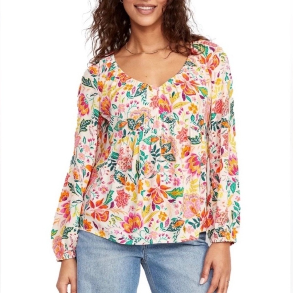 Old Navy Crinkled Boho Top Womens XL Tall Cream Pink Floral Long Sleeve NWOT